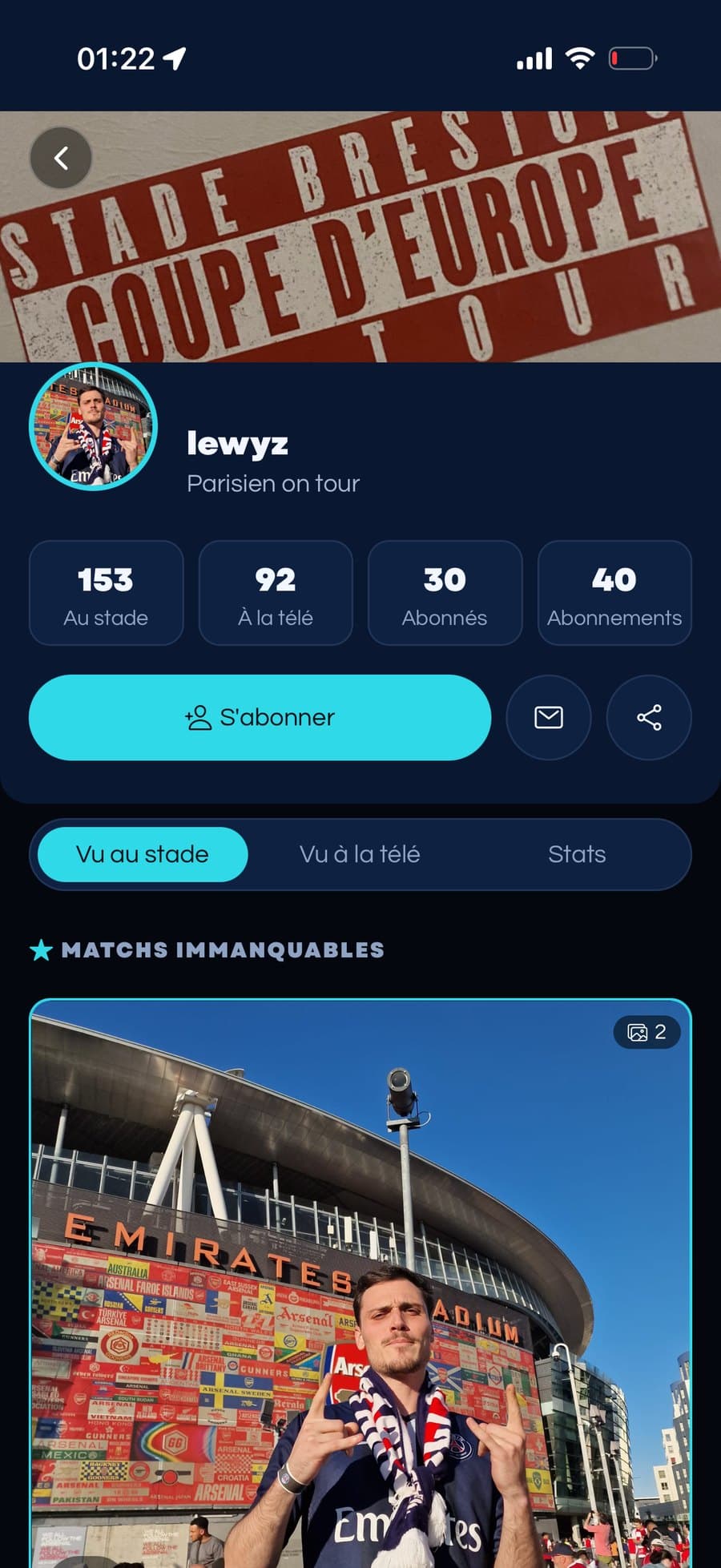 Ton profil de supporter, match après match.